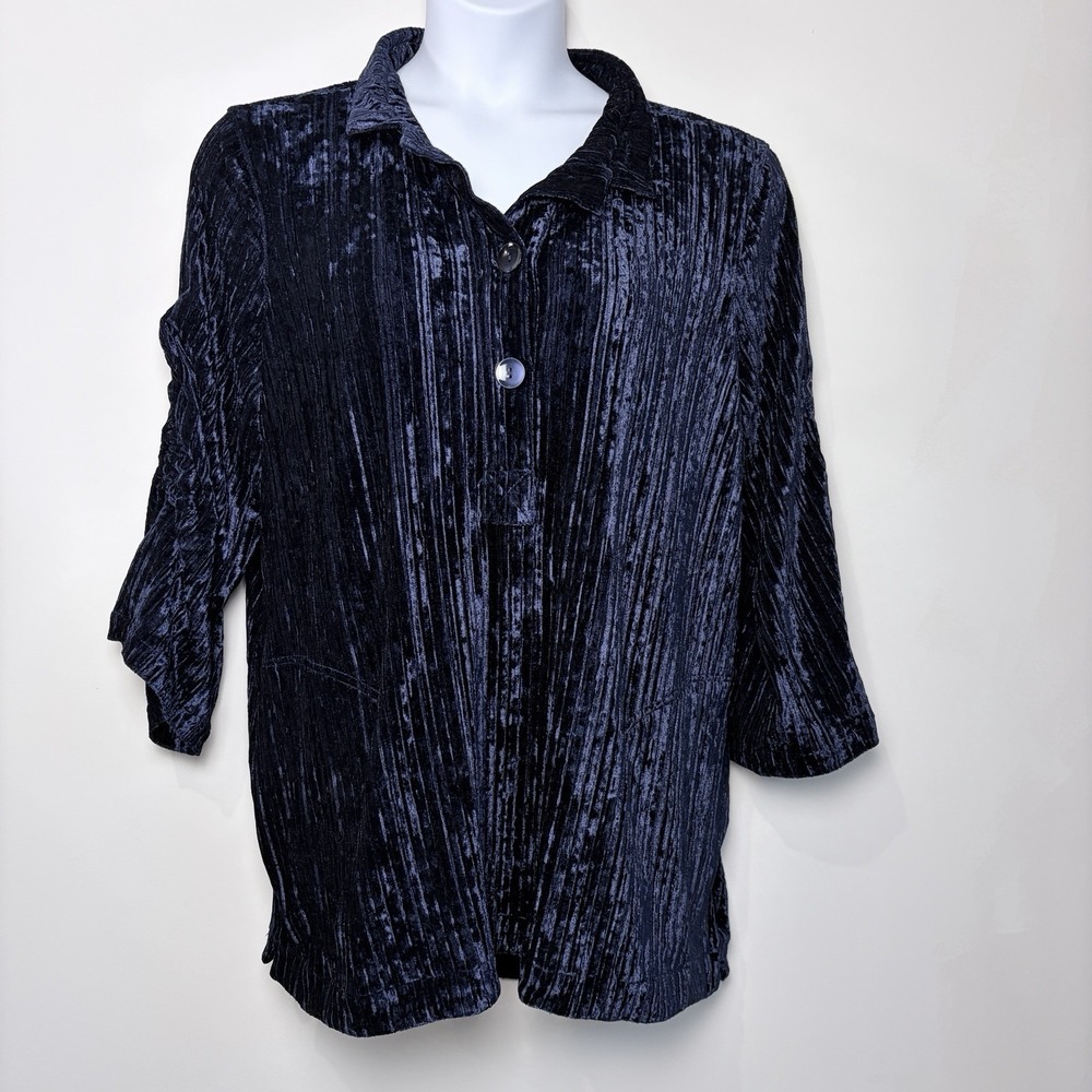 SOFT SURROUNDINGS Velvet Stretch 3/4 Sleeve Collar Tunic Top Blue Sz L Lagenlook